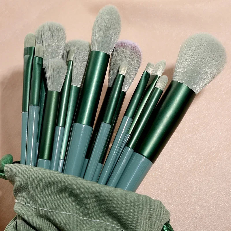 SkinSerenade 13-piece makeup brush set with green drawstring pouch